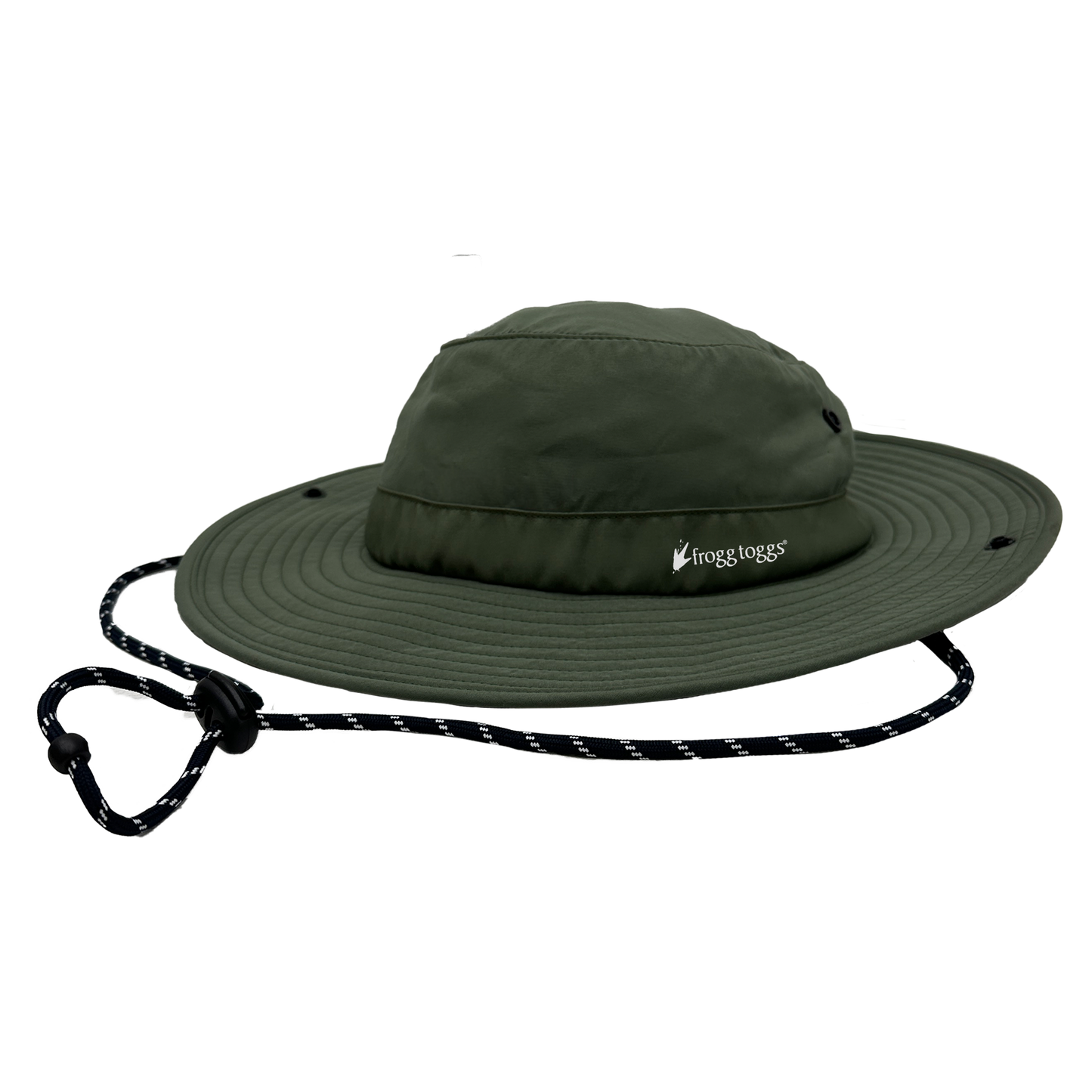 Green wide-brimmed cooling 
hat with a rope on a white background
