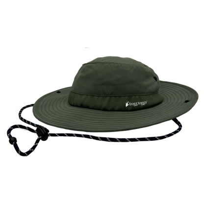 Green wide-brimmed cooling 
hat with a rope on a white background