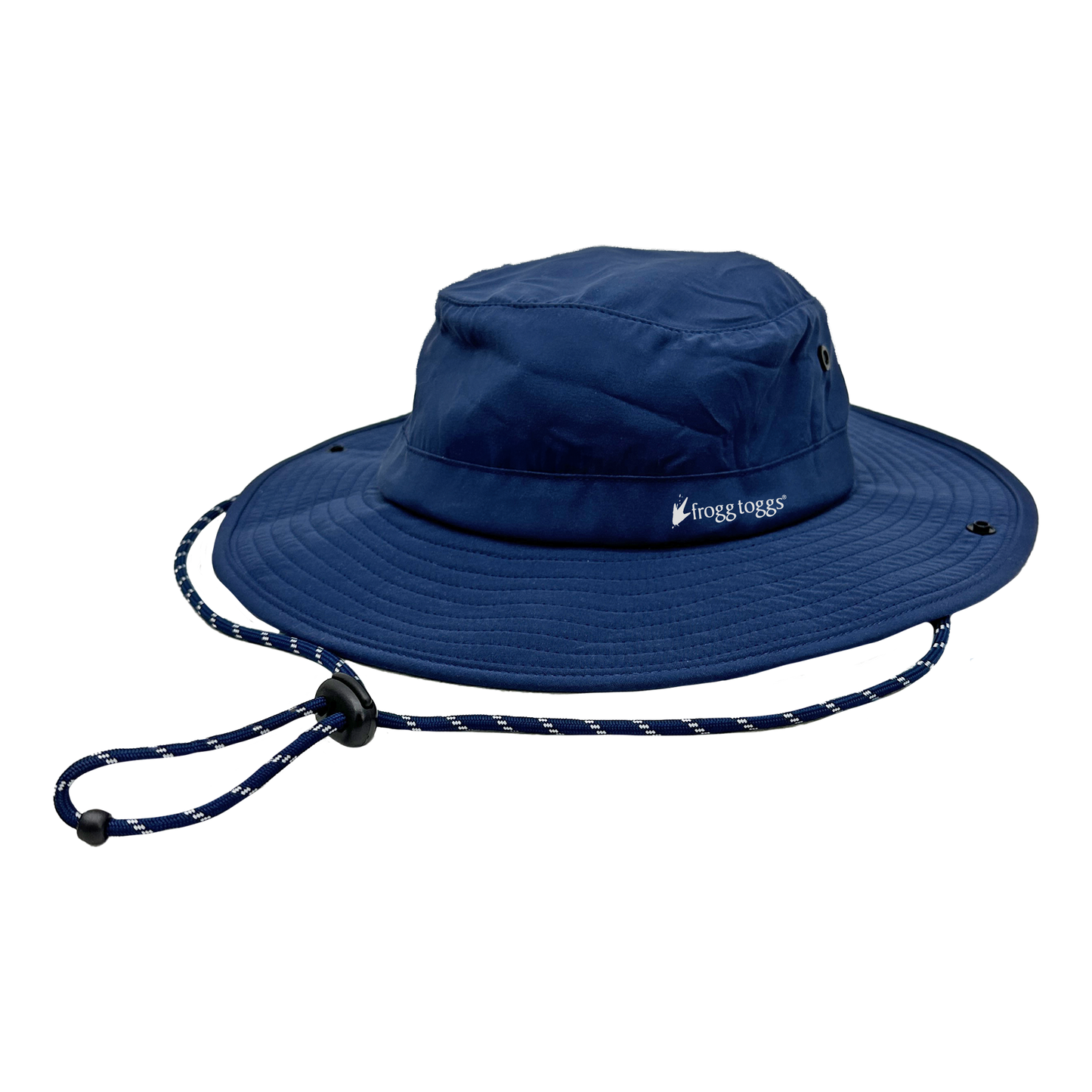 Blue wide-brimmed cooling hat with a drawstring on a white background
