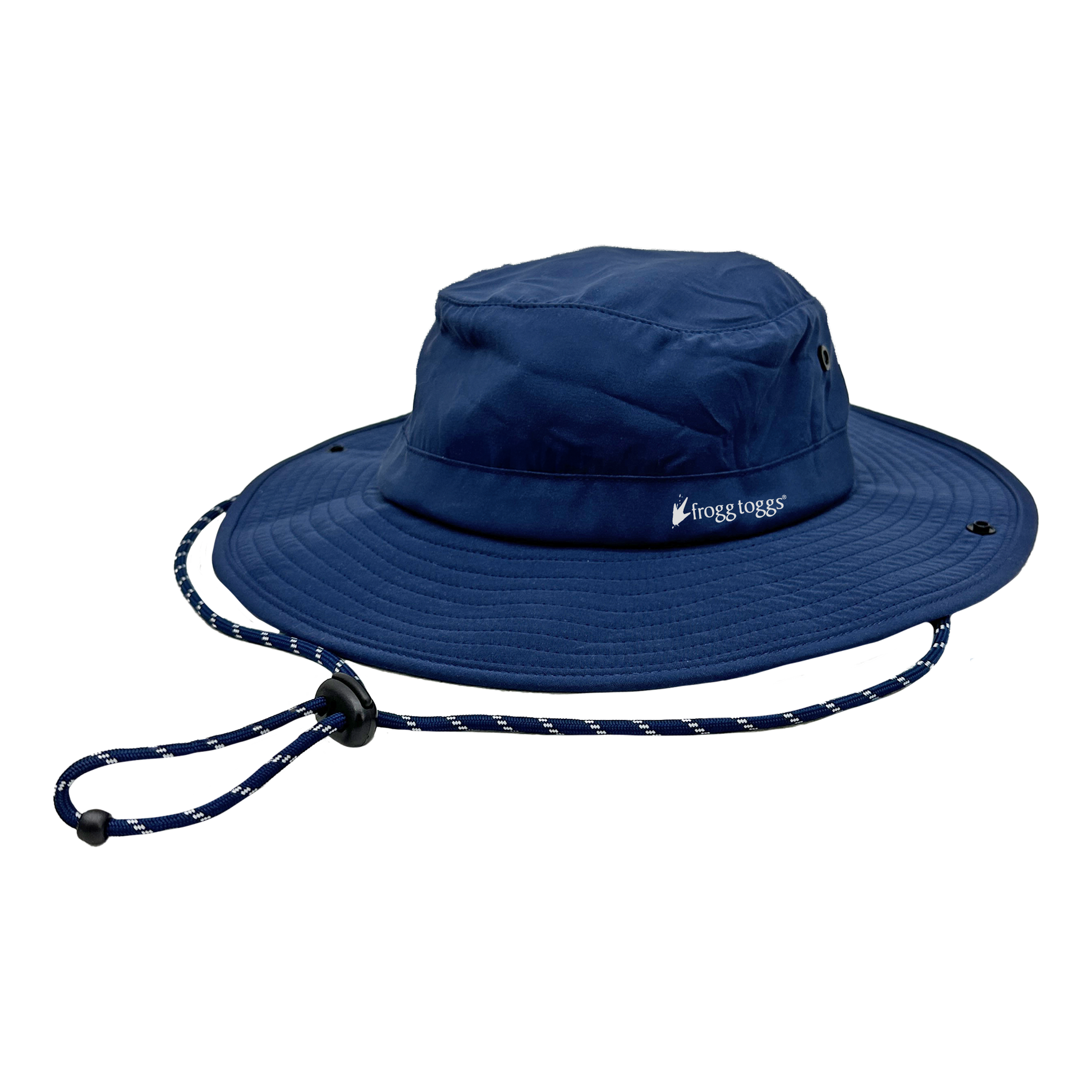 Blue wide-brimmed cooling hat with a drawstring on a white background