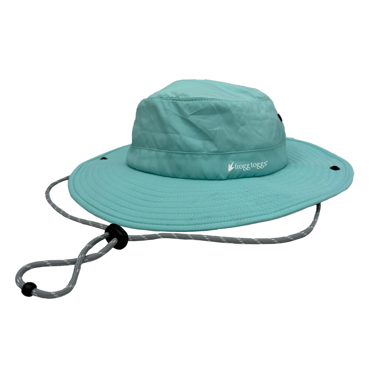 Teal sun cooling hat with a chin strap on a white background
