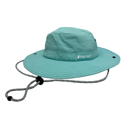 Teal sun cooling hat with a chin strap on a white background