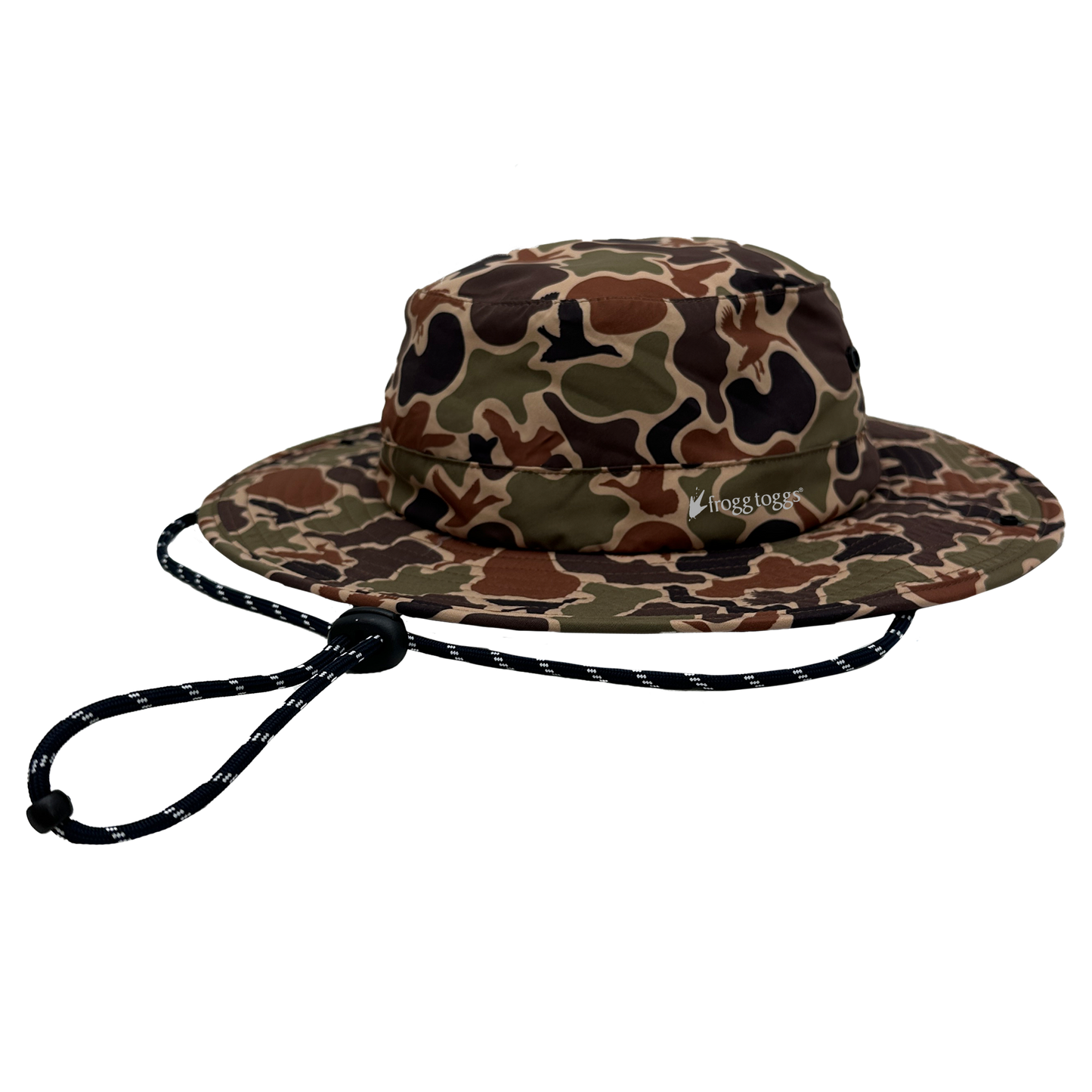 Camouflage bucket cooling hat with a strap on a white background