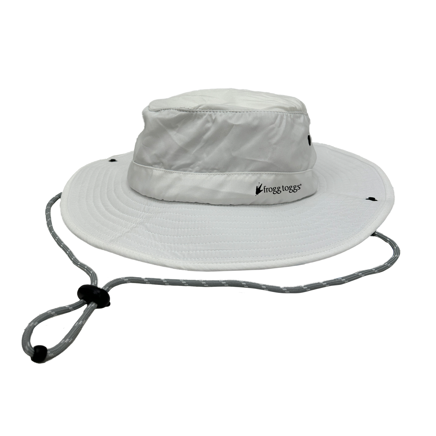 White sun cooling hat with a brim and chin strap on a white background