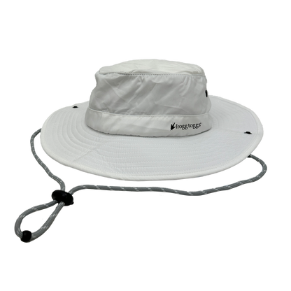 White sun cooling hat with a brim and chin strap on a white background