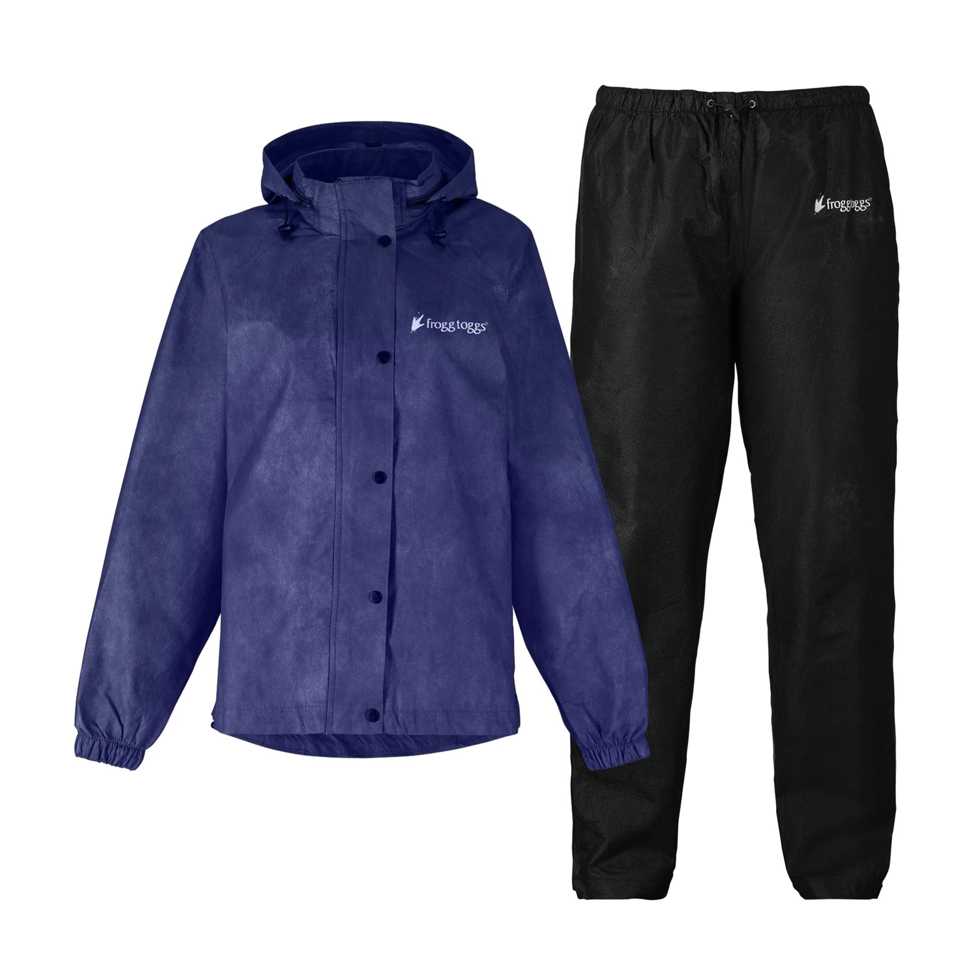 Blue raincoat and black pants with a brand logo on a white background