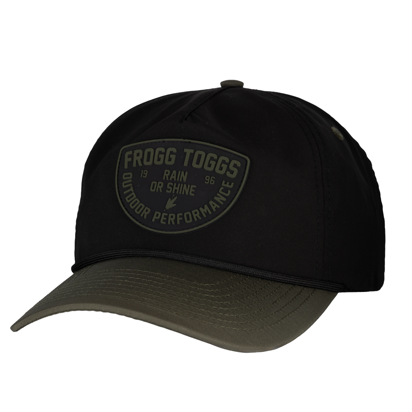Black cap with Frogg Toggs logo on a white background
