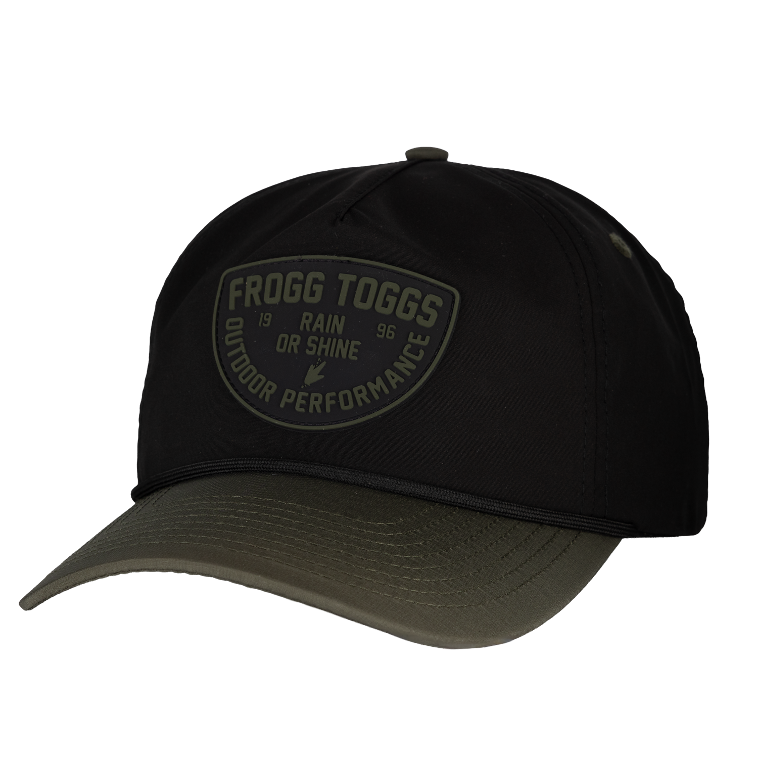 Black cap with Frogg Toggs logo on a white background