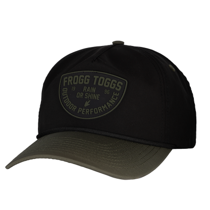 Black cap with Frogg Toggs logo on a white background