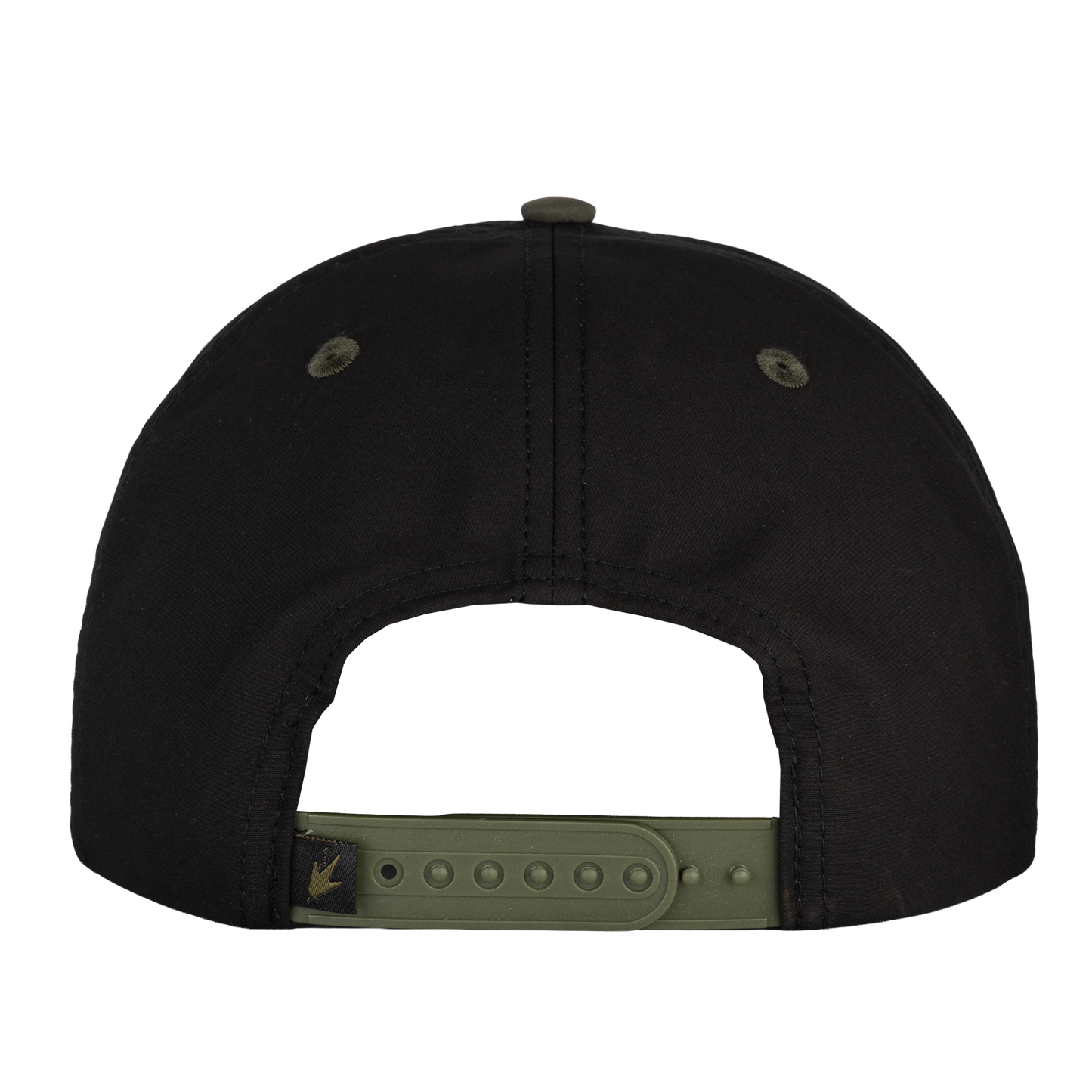 Black cap with a green strap on a white background