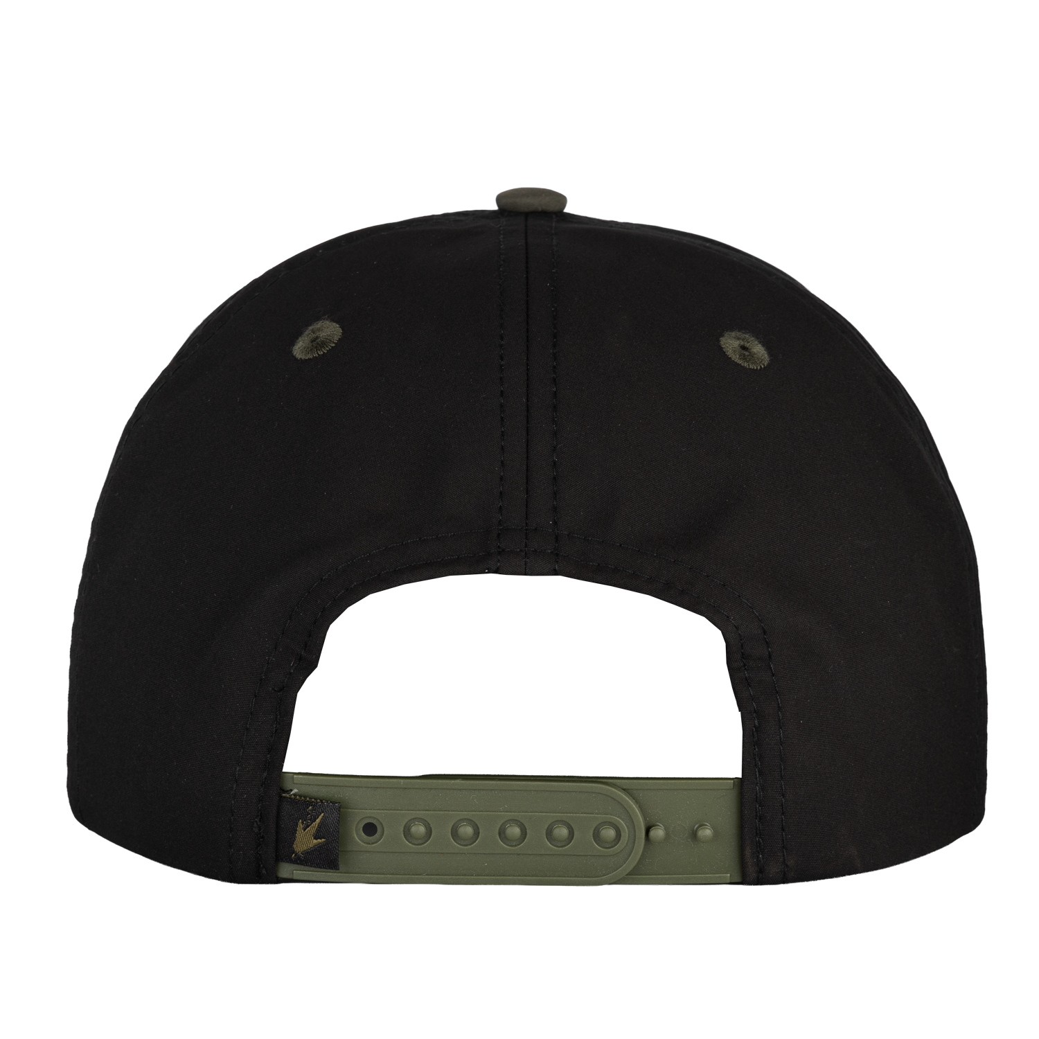 Black cap with a green strap on a white background