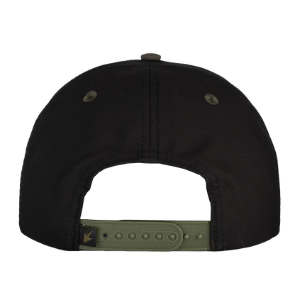 Black cap with a green strap on a white background