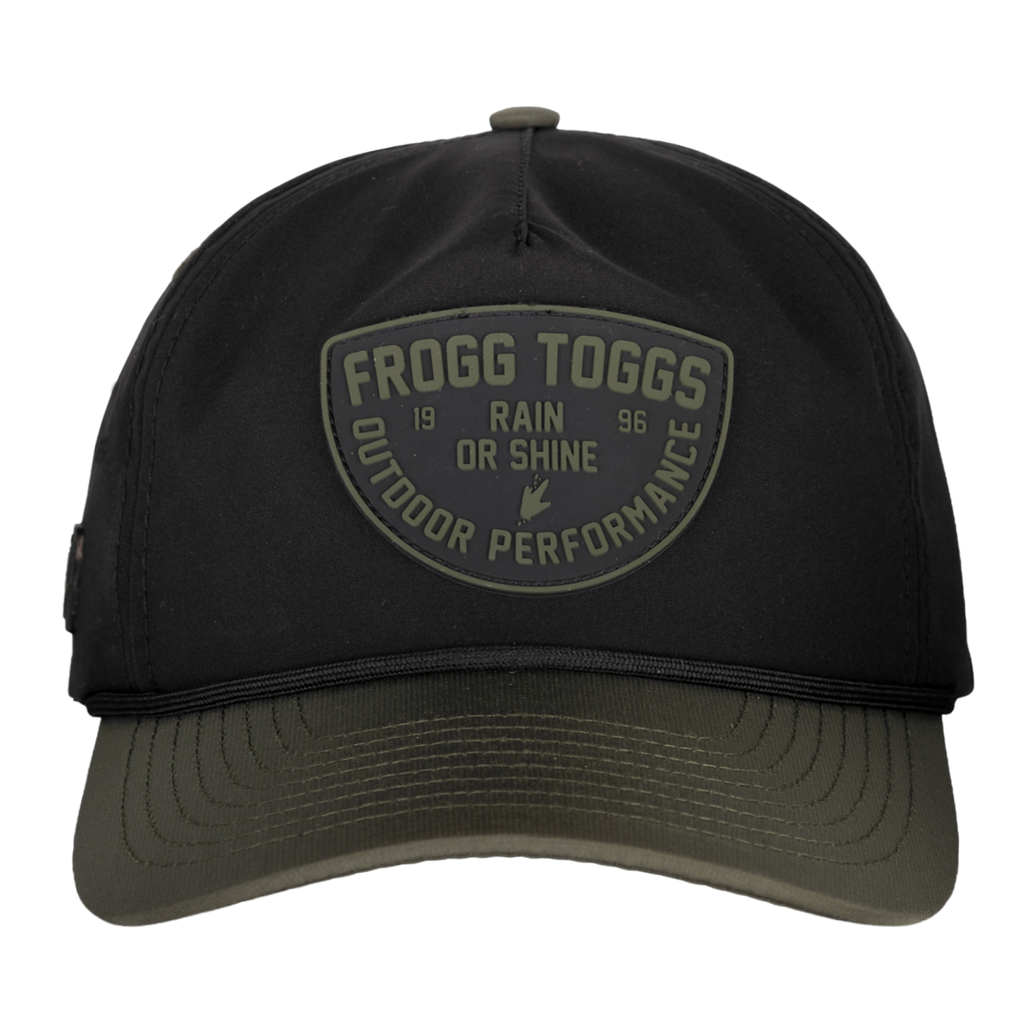 Black cap with Frogg Toggs logo on a white background