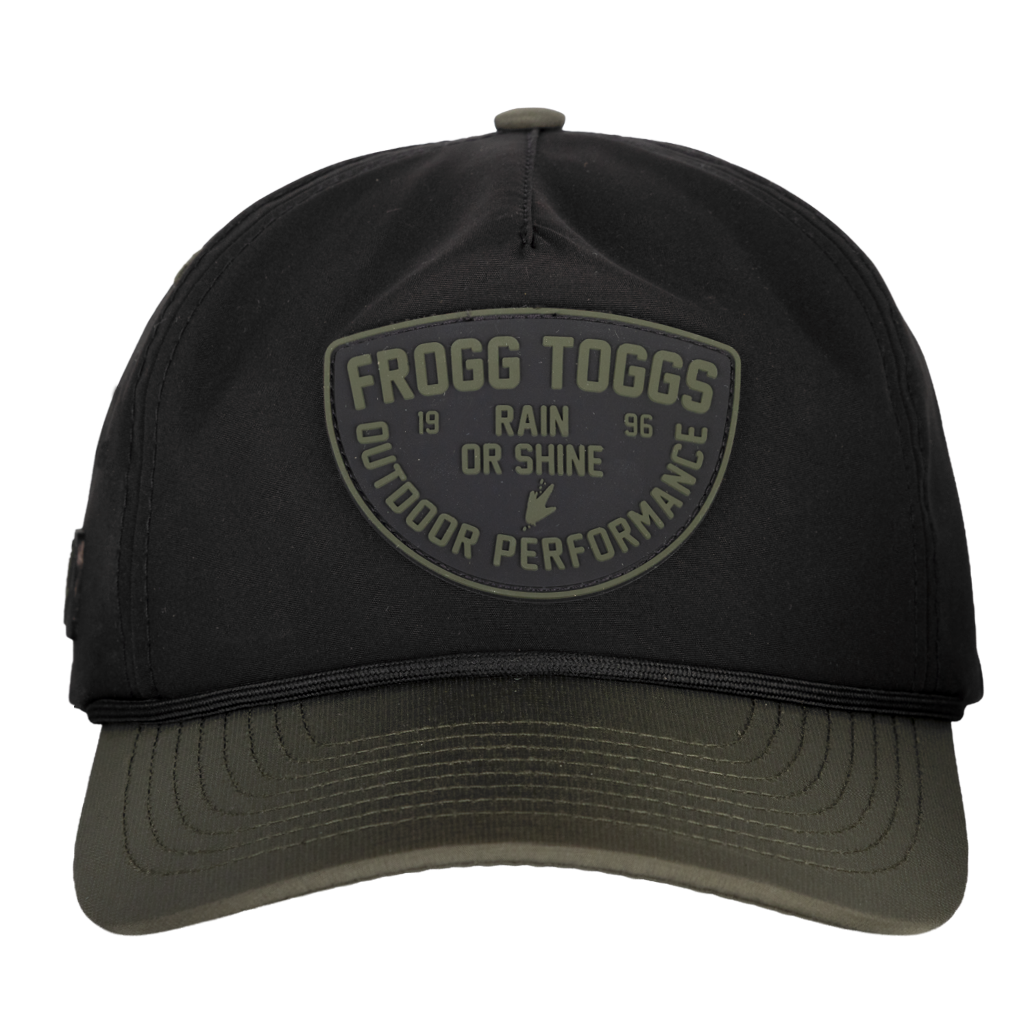 Black cap with Frogg Toggs logo on a white background