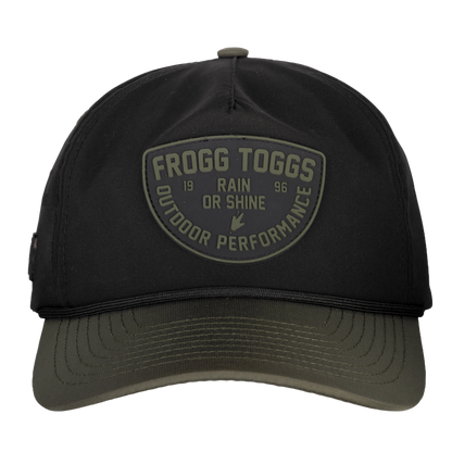 Black cap with Frogg Toggs logo on a white background