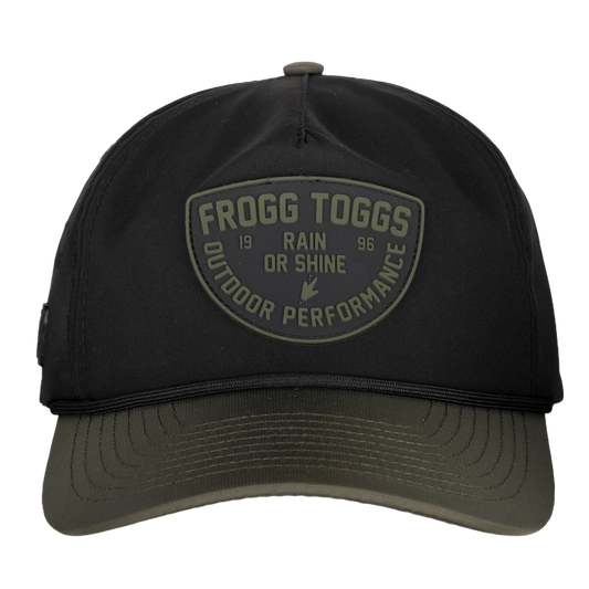 Black cap with Frogg Toggs logo on a white background