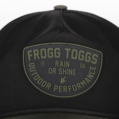 Black cap with Frogg Toggs logo and text on a white background