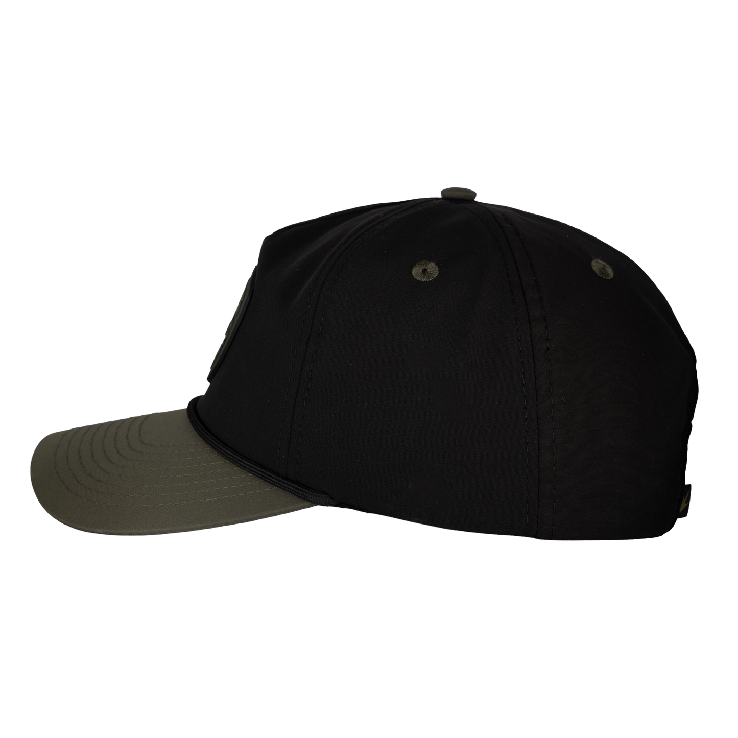 Black cap with a green brim on a white background