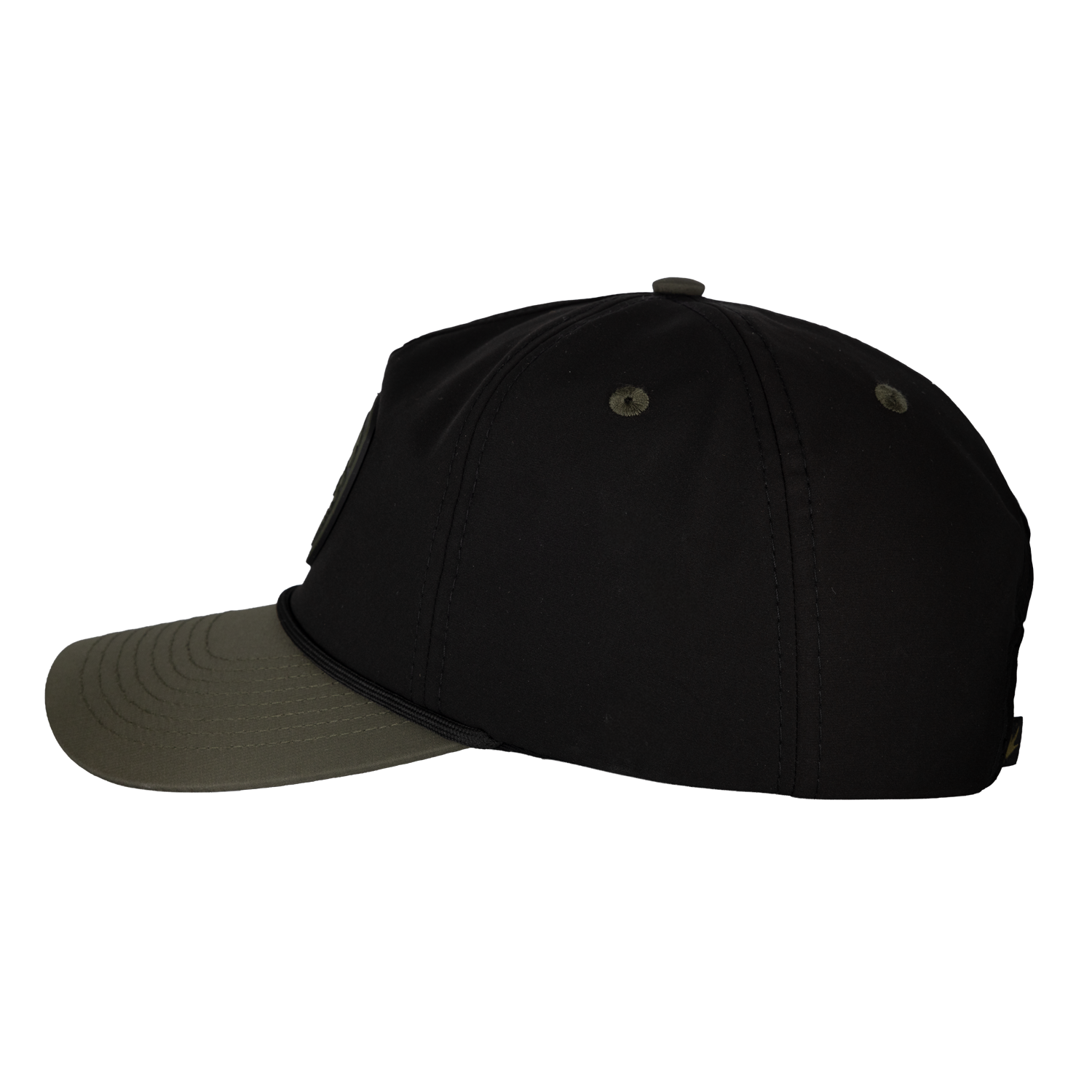 Black cap with a green brim on a white background