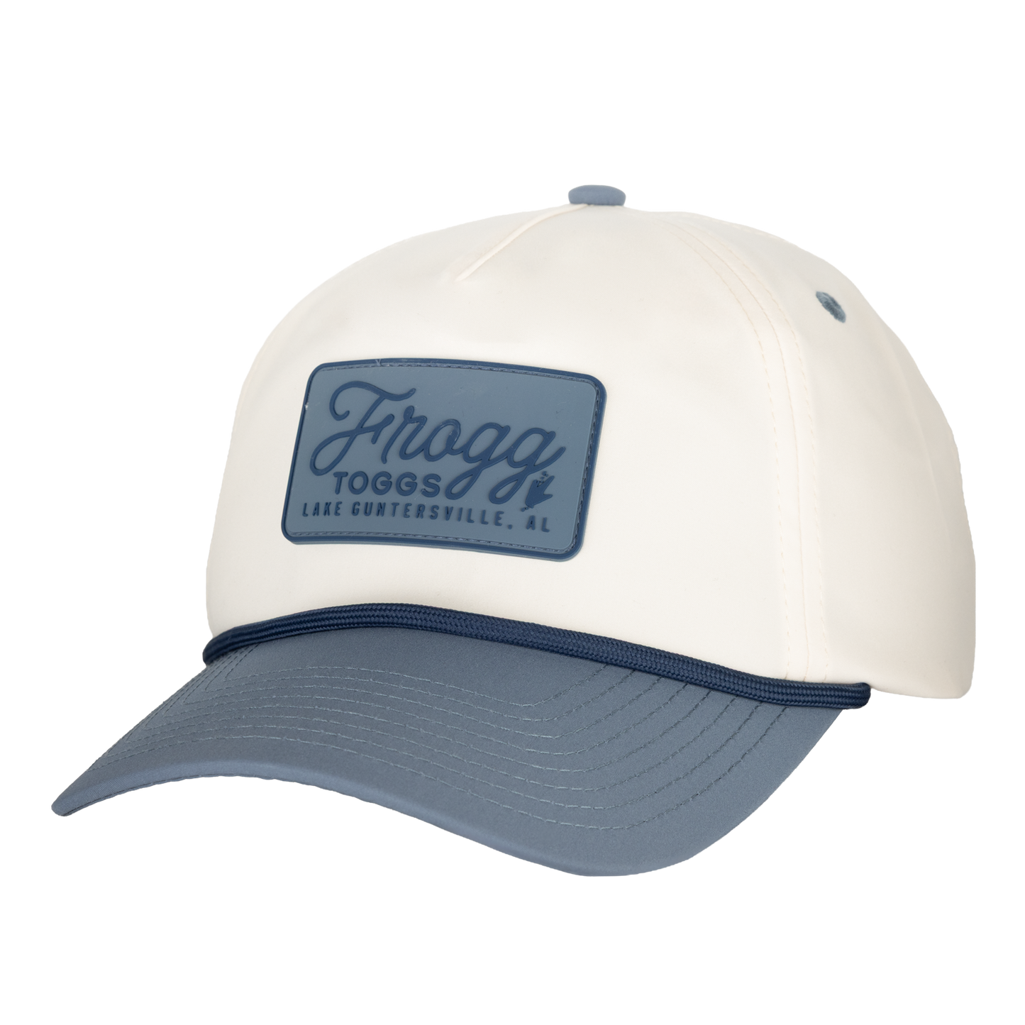 White and blue cap with a logo on a white background