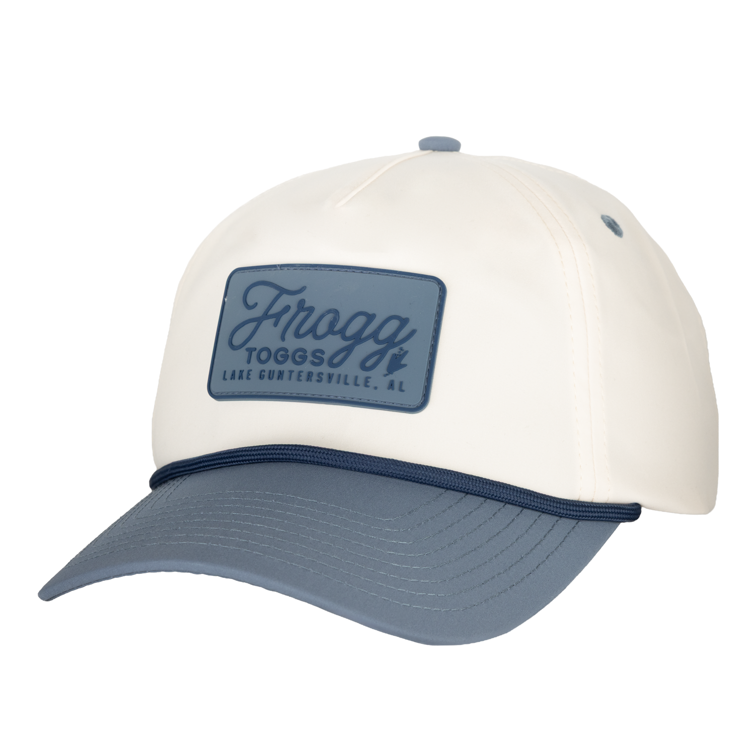 White and blue cap with a logo on a white background