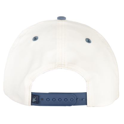 White cap with a blue strap on a white background