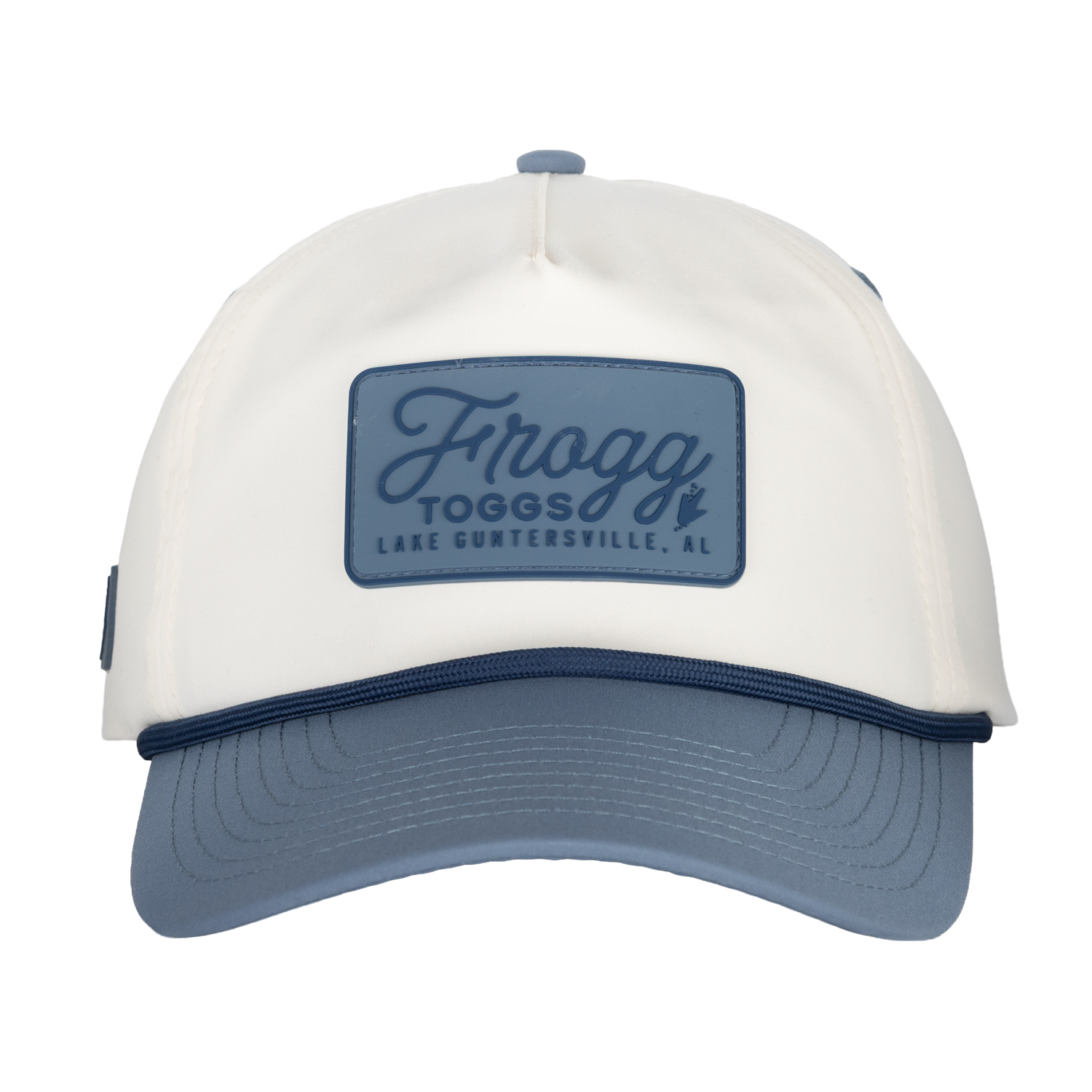 White and blue cap with 'Frogg Toggs' logo on a white background