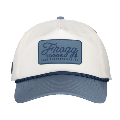 White and blue cap with 'Frogg Toggs' logo on a white background