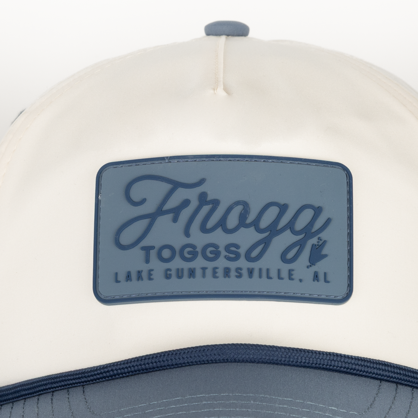Cap with a blue and white logo on a white background