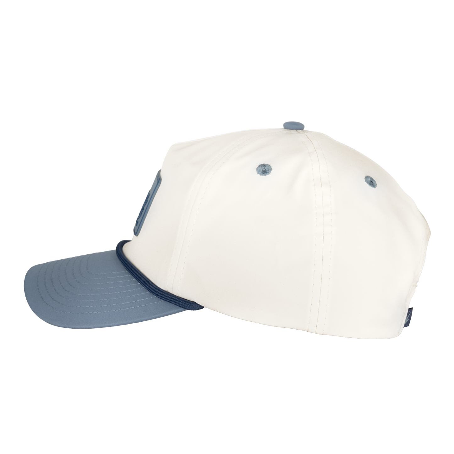 Two-tone cap with white front and blue hat on a white background