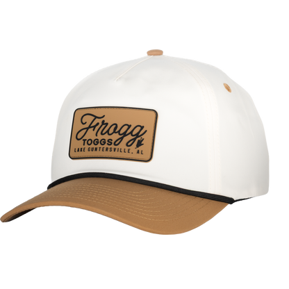 White and brown cap with 'Frogg Toggs' logo on a white background
