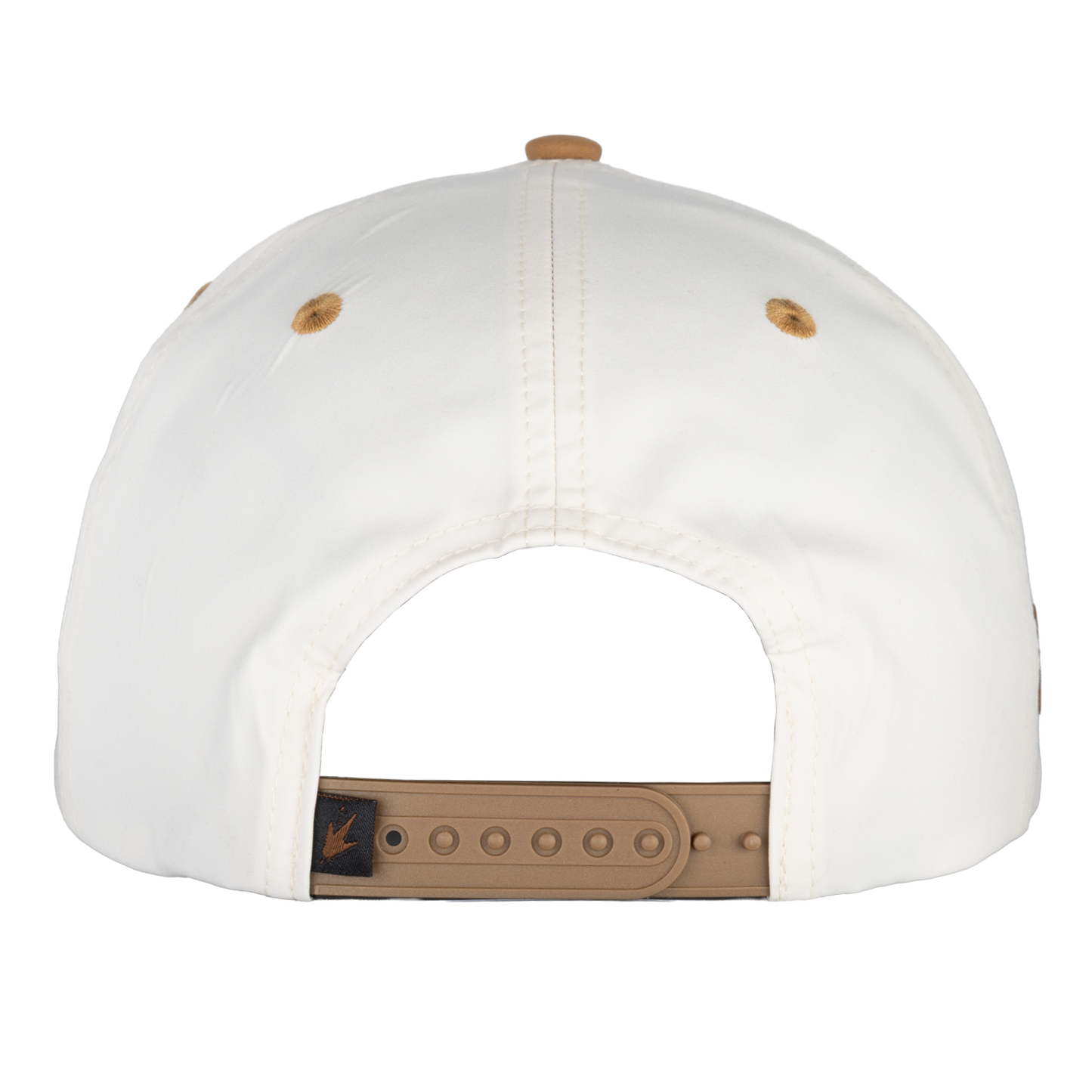 White cap with brown strap and buttons on a white background