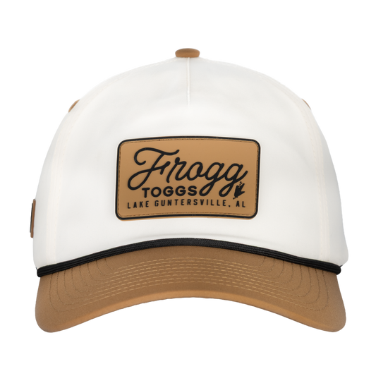 White and brown cap with 'Frogg Toggs' logo on a white background