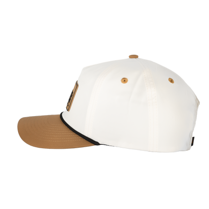White cap with brown bill on a white background