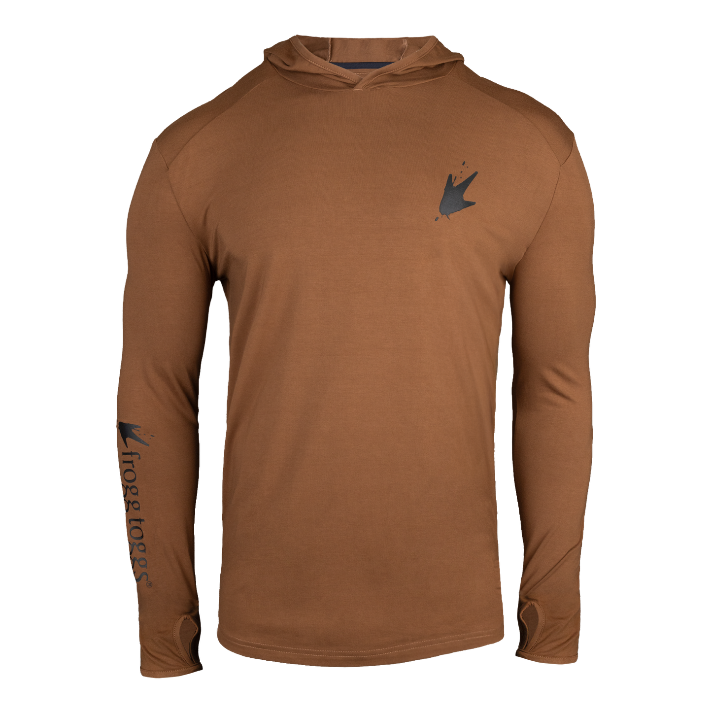 Brown long-sleeve hoodie with a logo on a white background