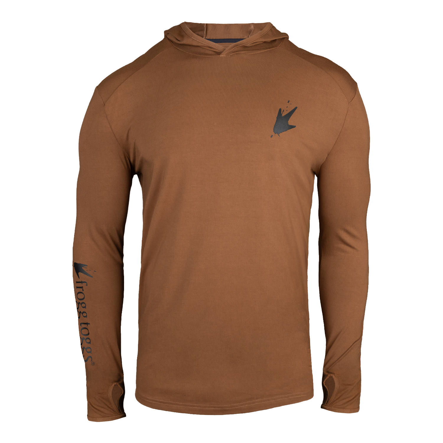 Brown long-sleeve hoodie with a logo on a white background