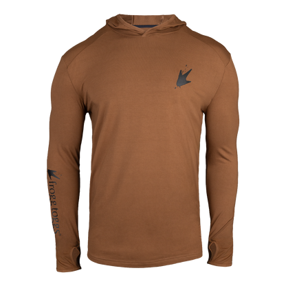 Brown long-sleeve hoodie with a logo on a white background