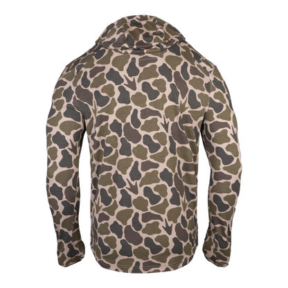 Camouflage-patterned hoodie on a white background