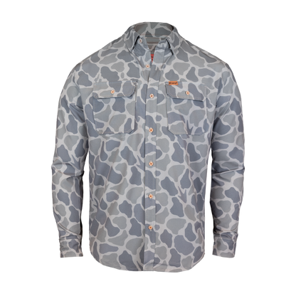 Camouflage-patterned shirt on a white background