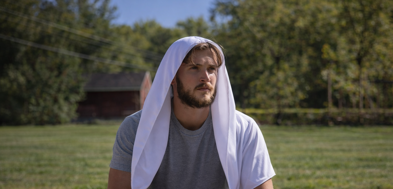 Man with a white cooling hoodie towel on his head standing in a grassy field with trees in the background