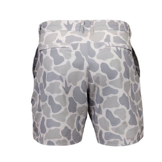 Gray and white abstract patterned Frogg Toggs shorts shown from the back on a plain white background.