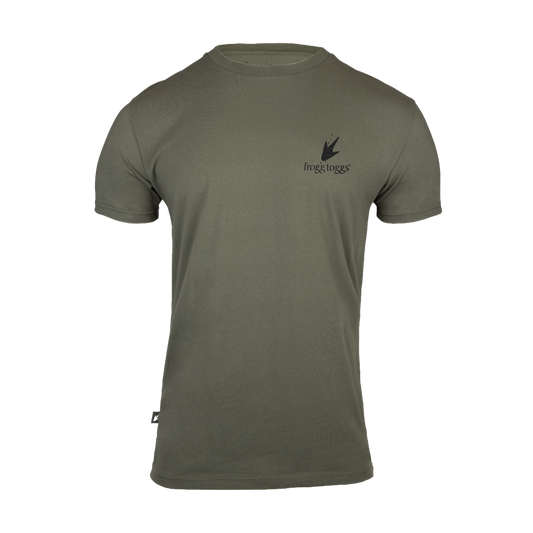 Green t-shirt with a logo on a white background