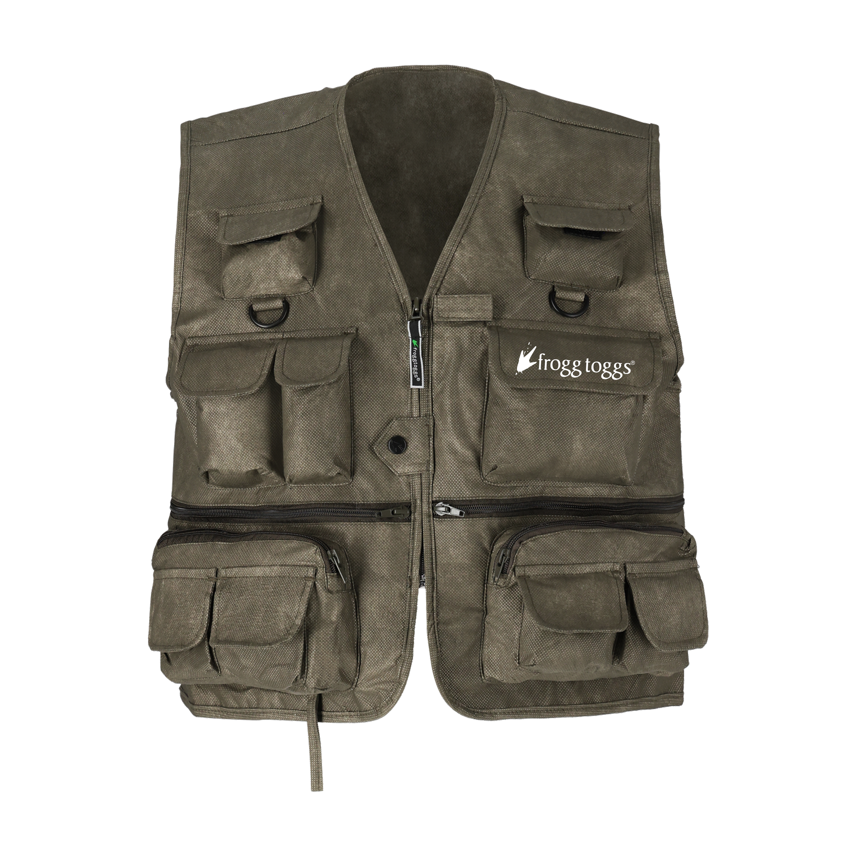 Brown fishing vest with multiple pockets and Frogg Toggs logo on a white background