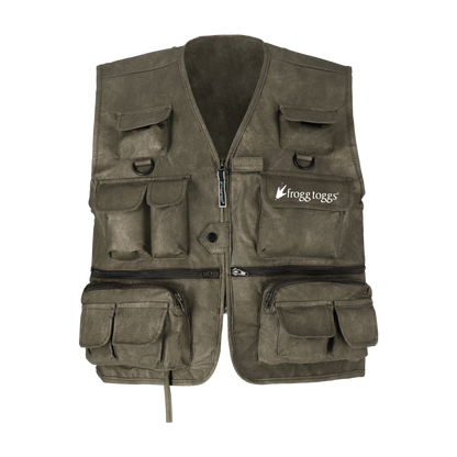 Brown fishing vest with multiple pockets and Frogg Toggs logo on a white background