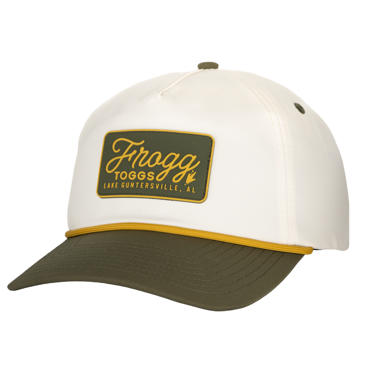 White and green cap with Frogg Toggs logo on a white background