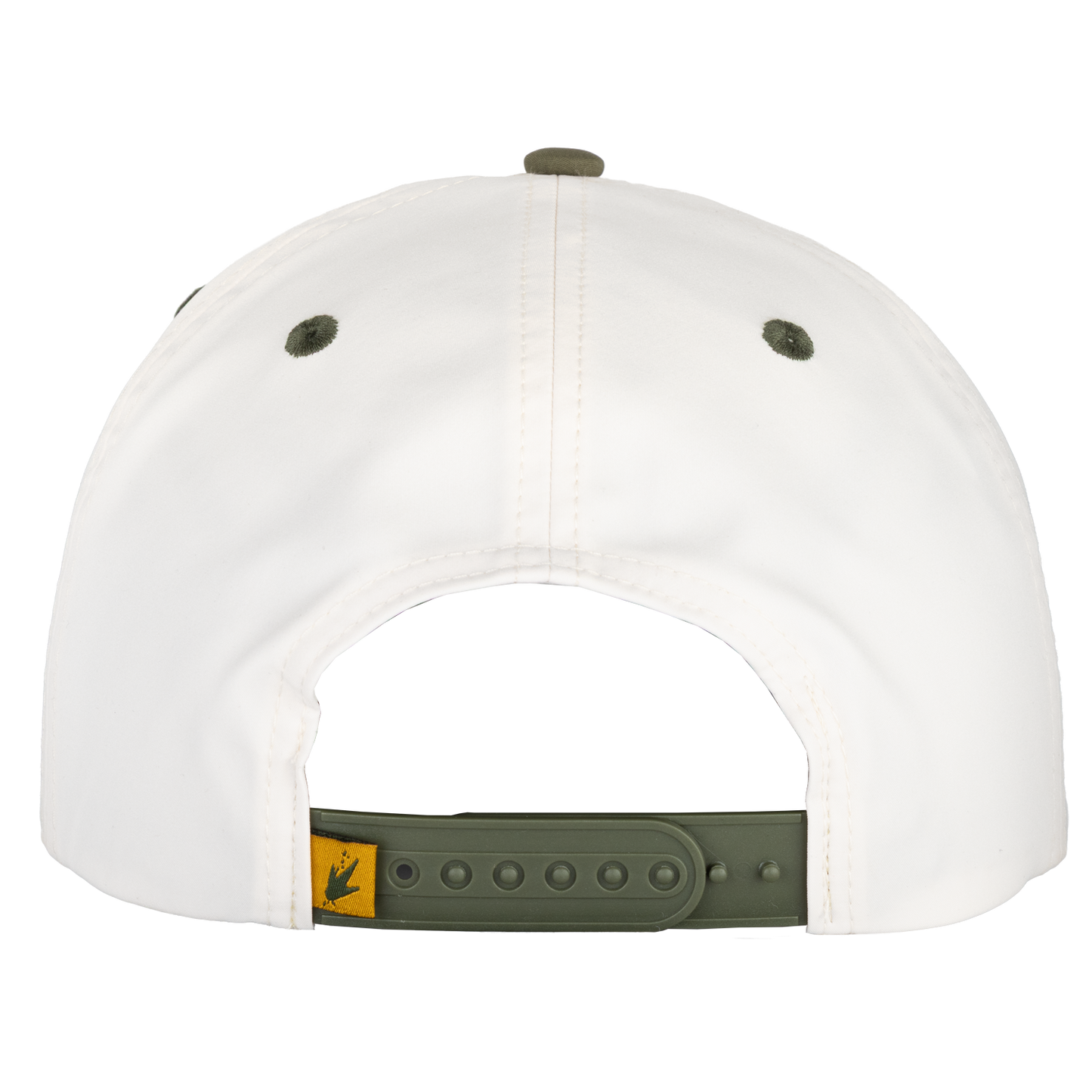 White cap with green strap and logo on a white background