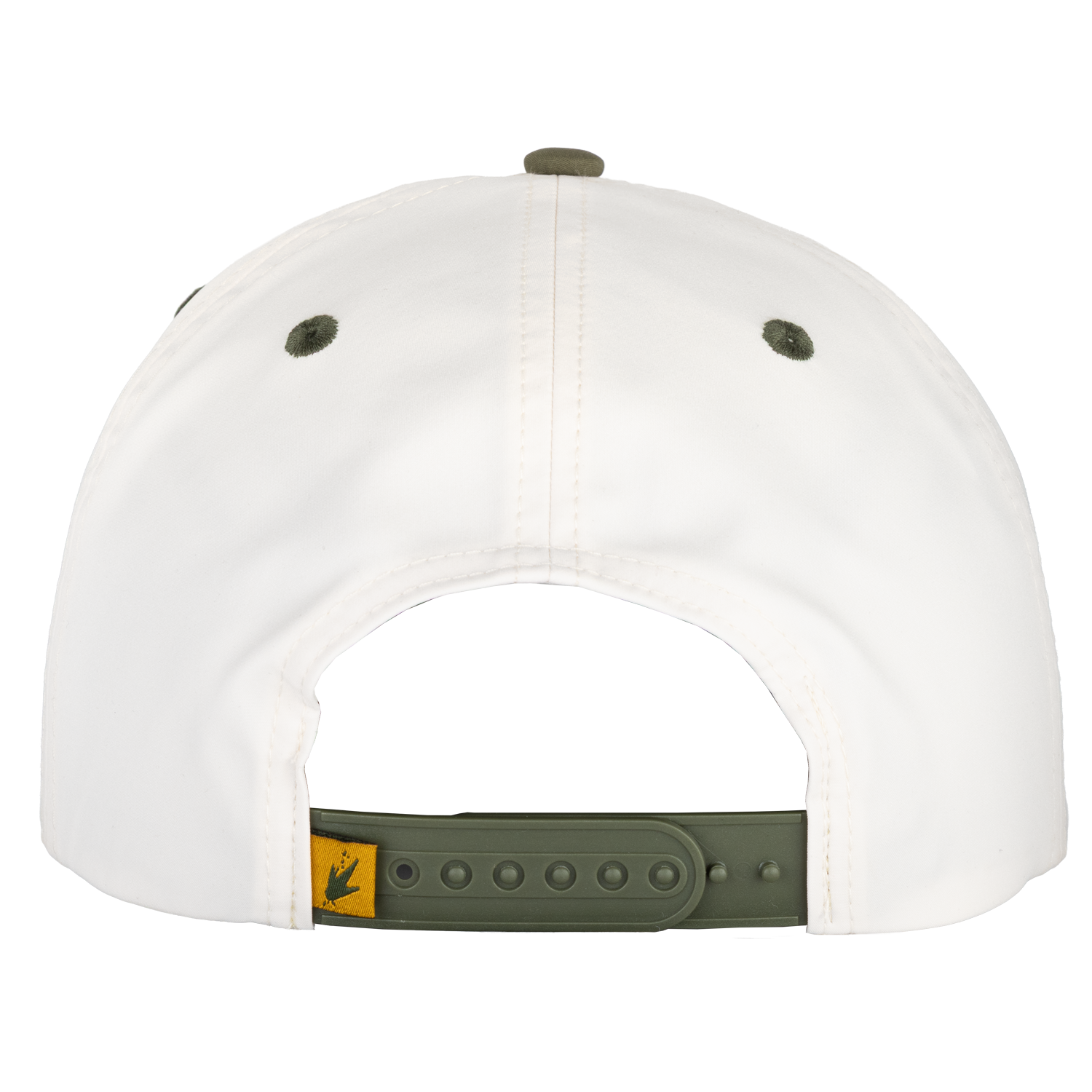 White cap with green strap and logo on a white background