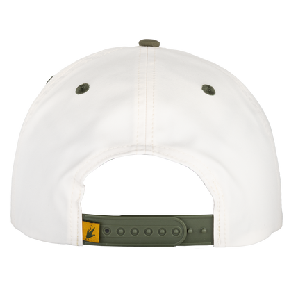 White cap with green strap and logo on a white background