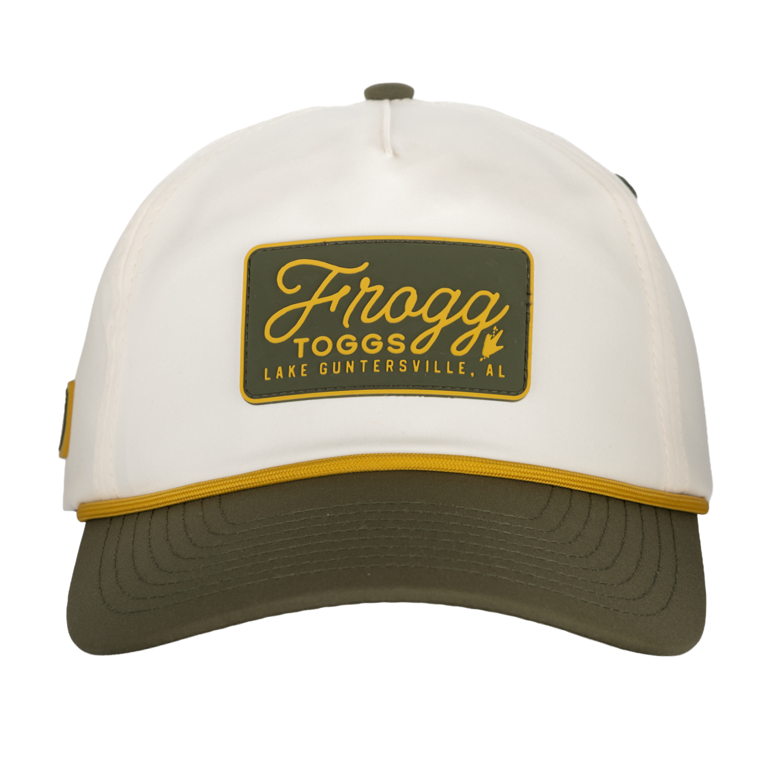 White and green cap with Frogg Toggs logo on a white background