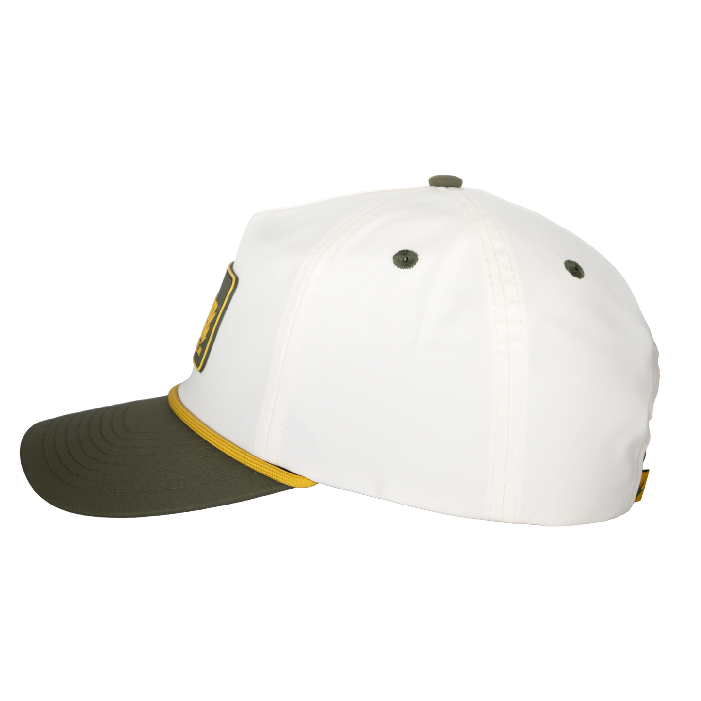White cap with green brim and yellow accents on a white background